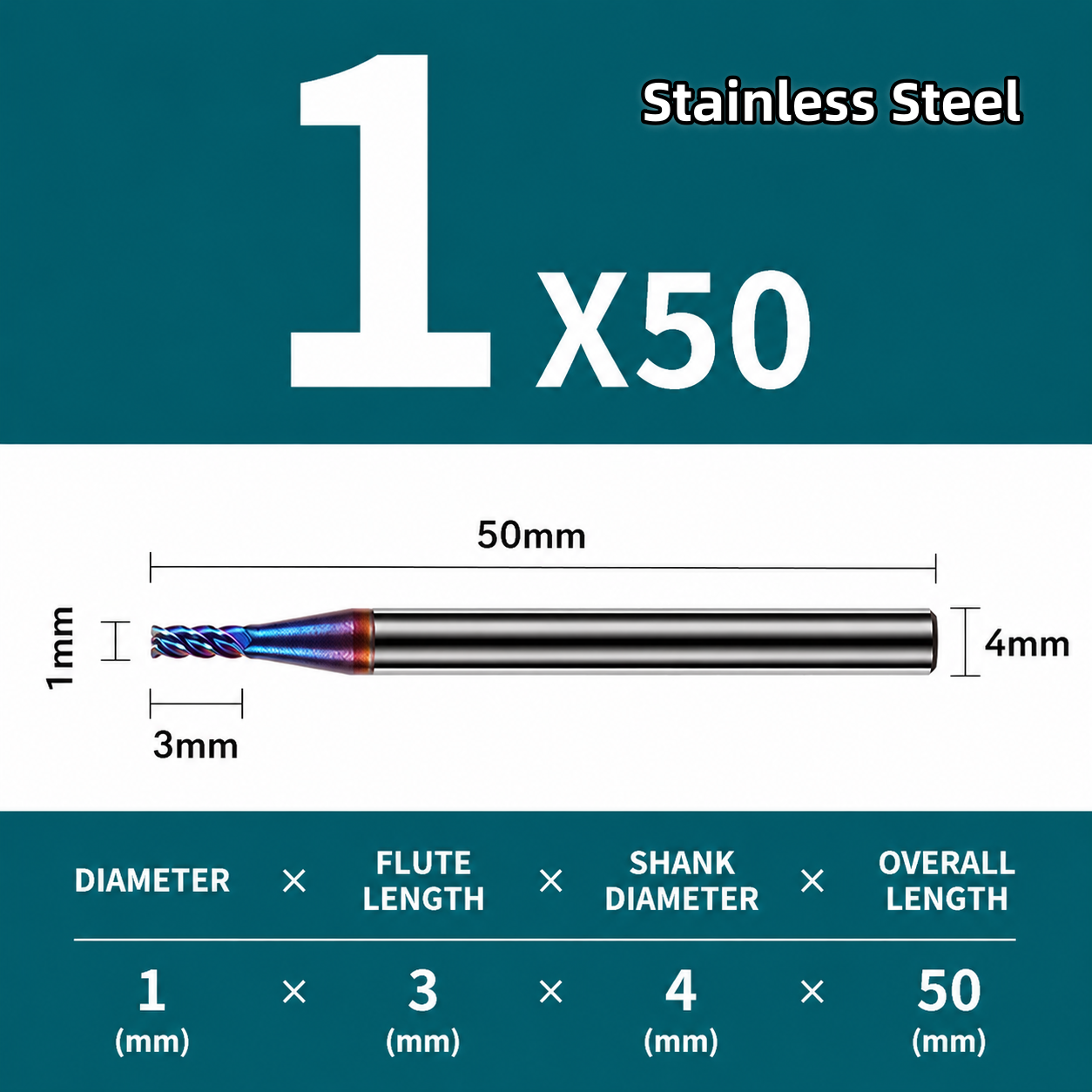 4-Flute 65 Degree Stainless Steel Milling Cutter - Ф1.0*3C*4D*50L