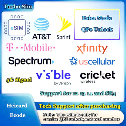 Solution Esim QPE Heicard Ecode pour iPhone 12 13 14 15 16 SE3 ATT/Tracfone/Tmobile Version Visible SPE