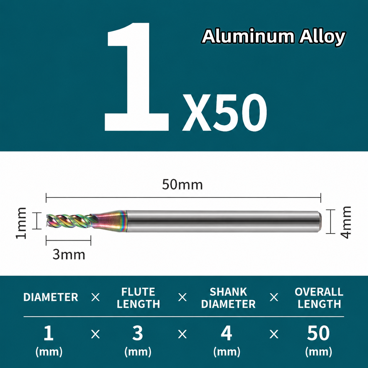 3-Flute 65 Degree Aluminum Alloy Milling Cutter - Ф1.0*3C*4D*50L