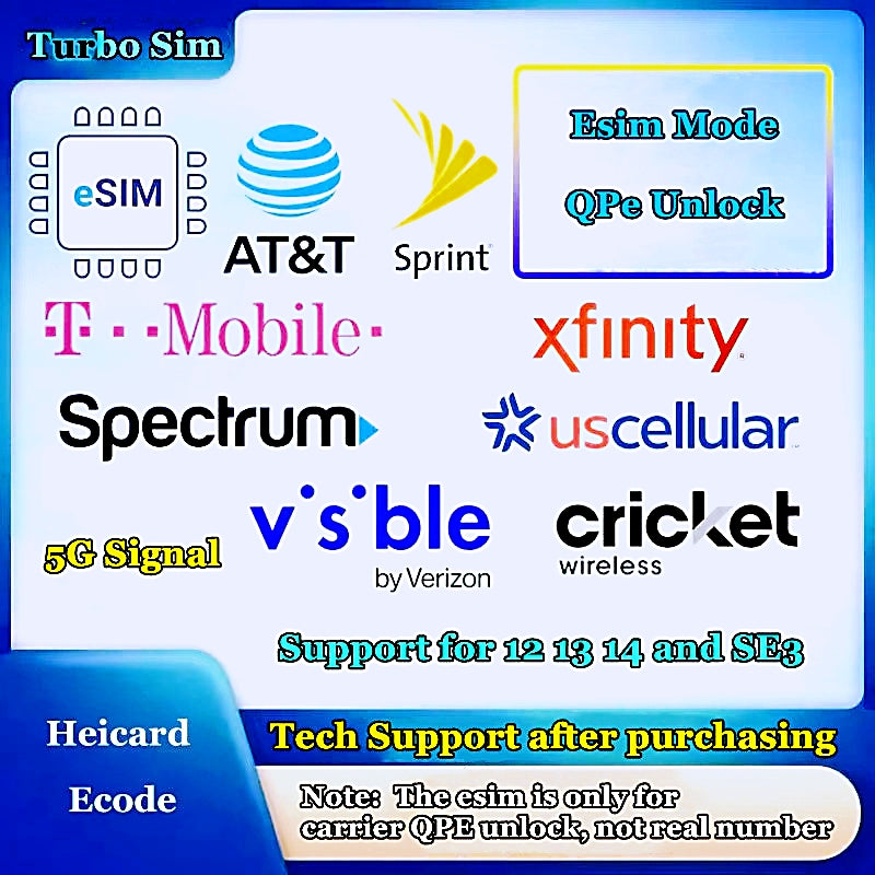 Heicard Esim QPE Solution Ecode for iPhone 12 13 14 15 16 SE3 ATT/Tracfone/Tmobile Verzion Visible SPE