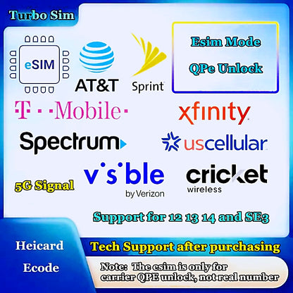 Heicard Esim QPE Solution Ecode for iPhone 12 13 14 15 16 SE3 ATT/Tracfone/Tmobile Verzion Visible SPE