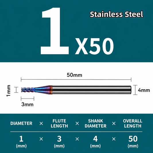 4-Flute 65 Degree Stainless Steel Milling Cutter - Ф1.0*3C*4D*50L